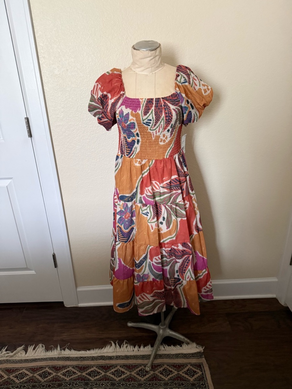 Girls' Floral Puff-Sleeve Tiered Dress in Mustard Multi. New w/tags